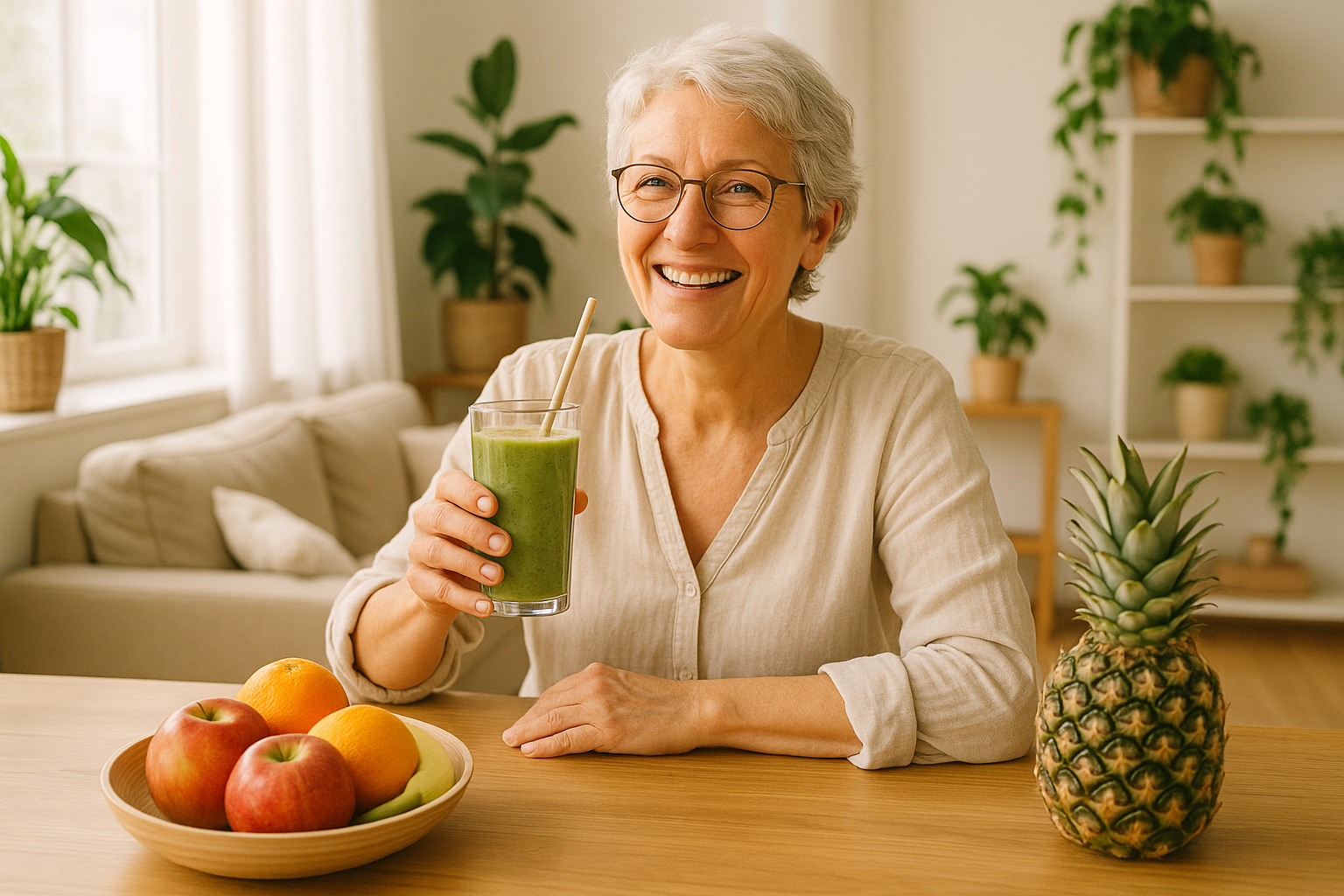 Eine fröhliche ältere Frau, etwa 60 Jahre alt, sitzt entspannt in einem hellen, modernen Wohnzimmer mit viel Tageslicht. Sie genießt einen frisch zubereiteten Smoothie an einem Holztisch, umgeben von Obst und Pflanzen. Sie trägt bequeme, natürliche Kleidung in hellen Farben. Stimmung: Gesundheit, Lebensfreude, Wohlbefinden, Energie im Alltag. Hochauflösend, warmes und freundliches Lifestyle-Foto.