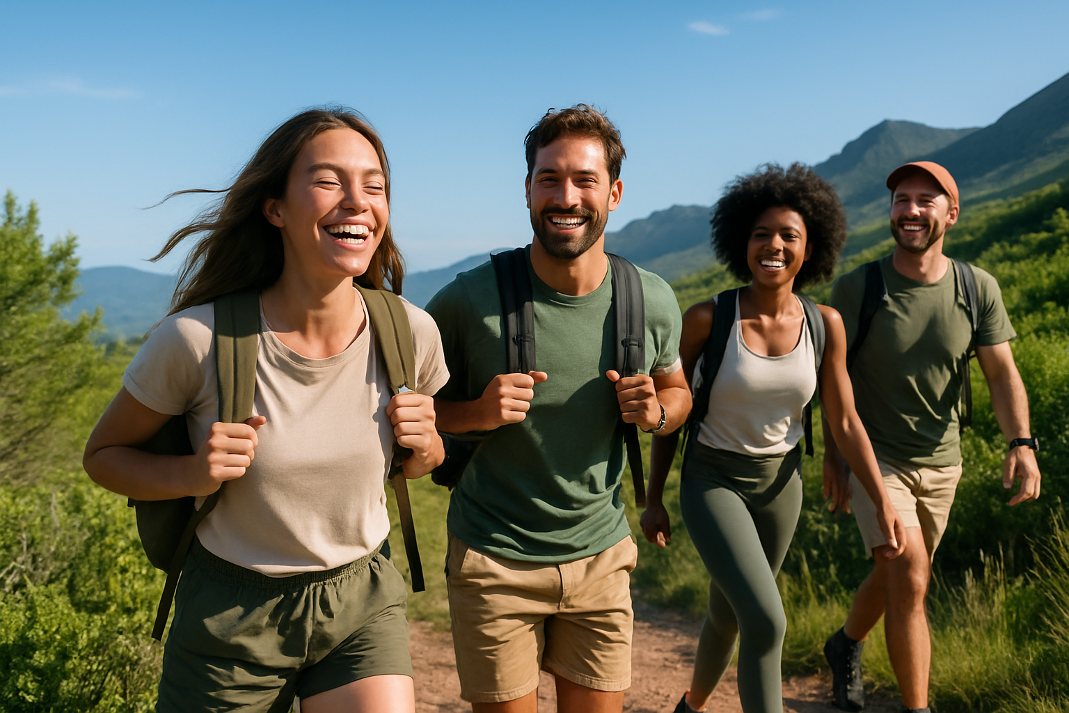 Eine Gruppe gesunder, aktiver Menschen wandert auf einem sonnigen Bergpfad. Klare, frische Luft, blauer Himmel und grüne Landschaft. Die Menschen lachen, tragen sportliche Outfits in natürlichen Farben, haben leichte Rucksäcke dabei. Stimmung: Energie, Freiheit, Naturverbundenheit. Helle, farbenfrohe Outdoor-Fotografie, professionell aufgenommen.